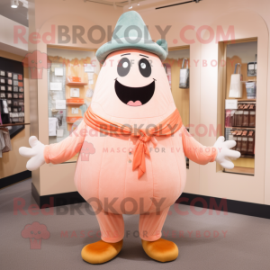 Peach Ghost mascot costume character dressed with a Corduroy Pants and Suspenders