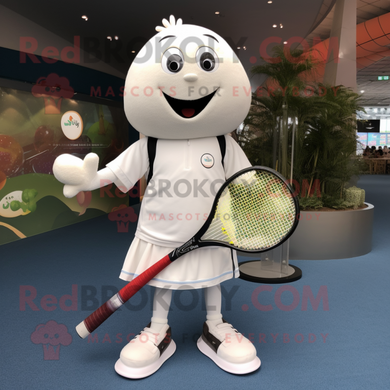 White Tennis Racket mascot costume character dressed with a Corduroy Pants and Coin purses
