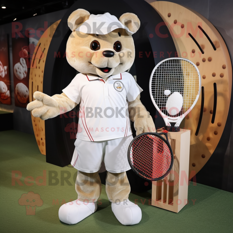 White Tennis Racket mascot costume character dressed with a Corduroy Pants and Coin purses White Tennis Racket mascot costume character dressed with a Corduroy Pants and Coin purses