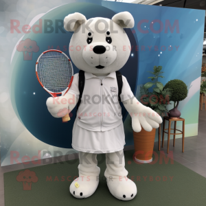 White Tennis Racket mascot costume character dressed with a Corduroy Pants and Coin purses