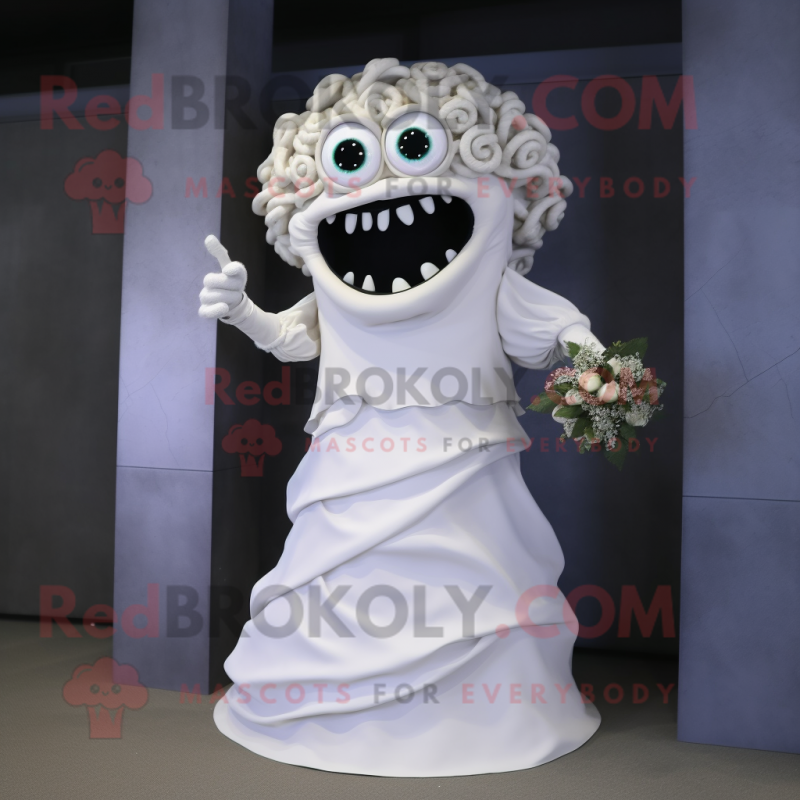 White Medusa mascot costume character dressed with a Wedding Dress and Cufflinks