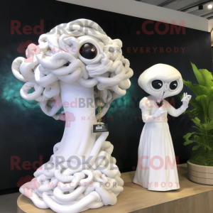 White Medusa mascot costume character dressed with a Wedding Dress and Cufflinks