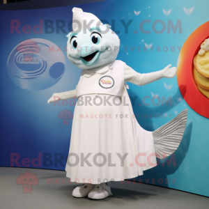 White Fish And Chips mascot costume character dressed with a Circle Skirt and Bracelet watches