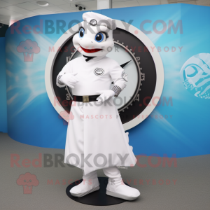 White Fish And Chips mascot costume character dressed with a Circle Skirt and Bracelet watches