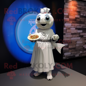 White Fish And Chips mascot costume character dressed with a Circle Skirt and Bracelet watches