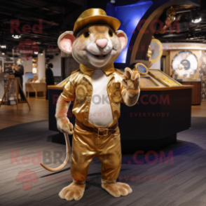 Gold Rat mascot costume character dressed with a Tank Top and Hat pins