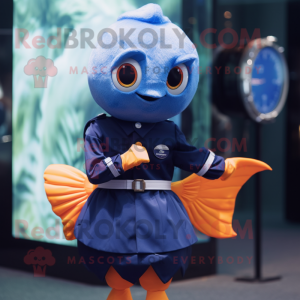 Navy Goldfish mascot costume character dressed with a Pleated Skirt and Digital watches