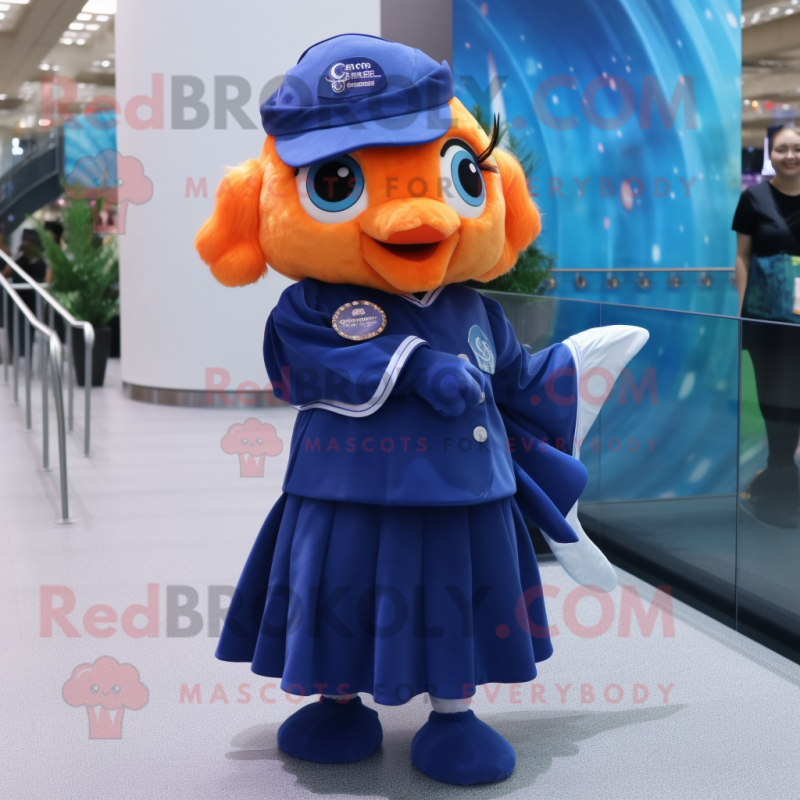 Navy Goldfish mascot costume character dressed with a Pleated Skirt and Digital watches