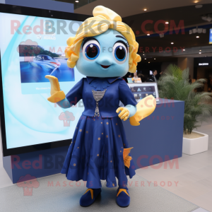 Navy Goldfish mascot costume character dressed with a Pleated Skirt and Digital watches