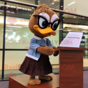 Brown Gosling mascot costume character dressed with a Pencil Skirt and Reading glasses