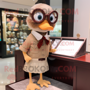 Brown Gosling mascot costume character dressed with a Pencil Skirt and Reading glasses