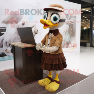 Brown Gosling mascot costume character dressed with a Pencil Skirt and Reading glasses