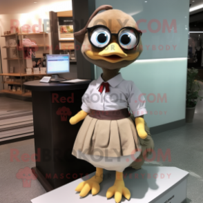 Brown Gosling mascot costume character dressed with a Pencil Skirt and Reading glasses