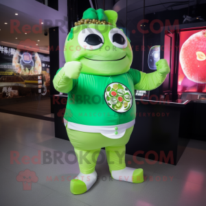 Lime Green Dim Sum mascot costume character dressed with a Leggings and Bracelet watches