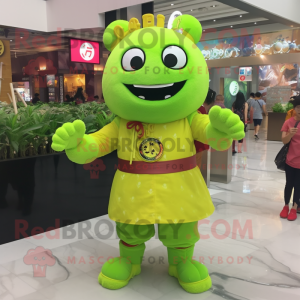 Lime Green Dim Sum mascot costume character dressed with a Leggings and Bracelet watches