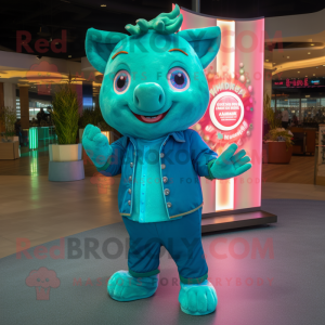 Teal Sow mascot costume character dressed with a Flare Jeans and Rings