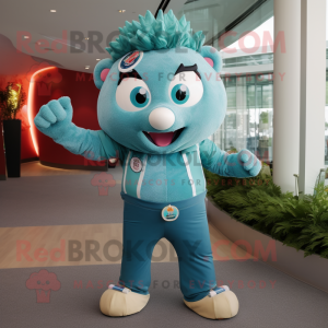 Teal Sow mascot costume character dressed with a Flare Jeans and Rings