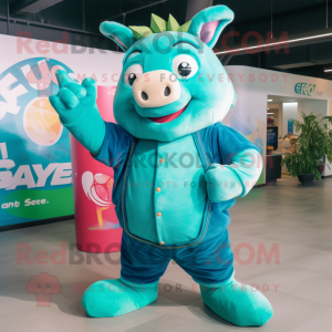 Teal Sow mascot costume character dressed with a Flare Jeans and Rings
