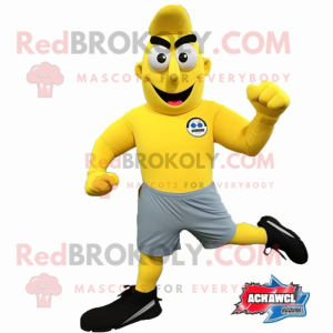 Lemon Yellow Air Force Soldier mascot costume character dressed with a Running Shorts and Shoe clips