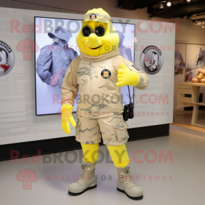 Lemon Yellow Air Force Soldier mascot costume character dressed with a Running Shorts and Shoe clips