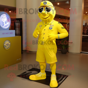 Lemon Yellow Air Force Soldier mascot costume character dressed with a Running Shorts and Shoe clips