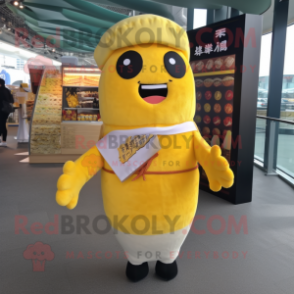 Yellow Sushi mascot costume character dressed with a Cardigan and Suspenders