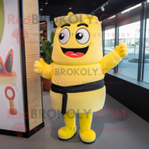 Yellow Sushi mascot costume character dressed with a Cardigan and Suspenders