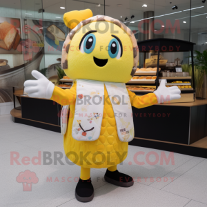 Yellow Sushi mascot costume character dressed with a Cardigan and Suspenders