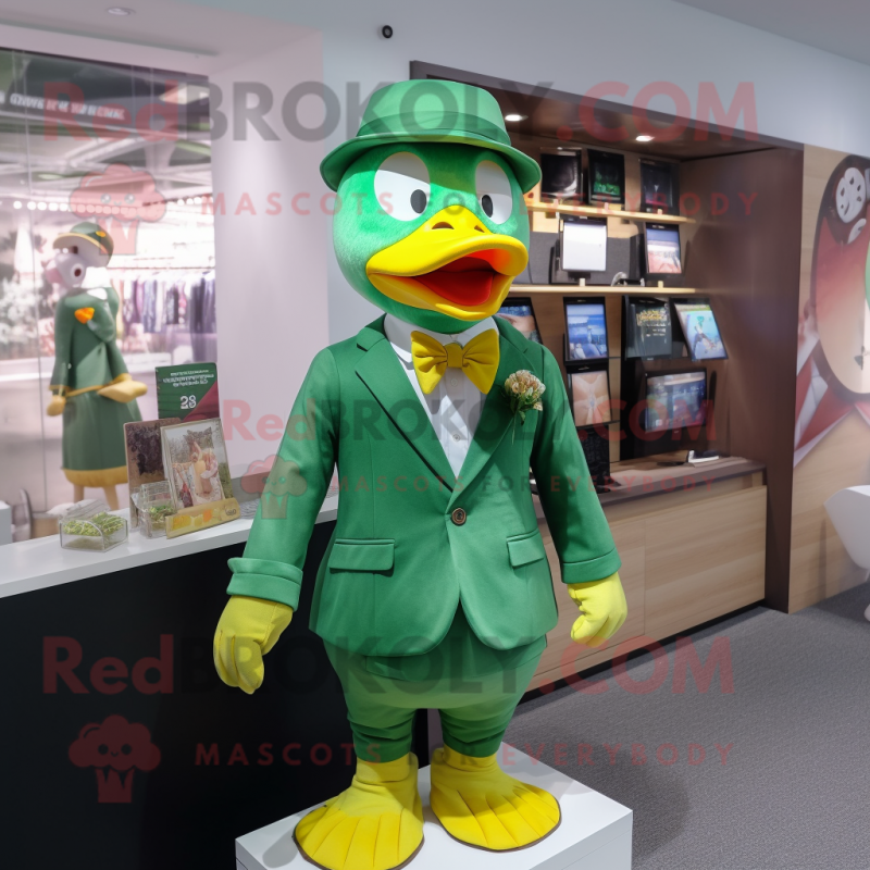 Green Duck mascot costume character dressed with a Suit and Keychains Green Duck mascot costume character dressed with a Suit and Keychains