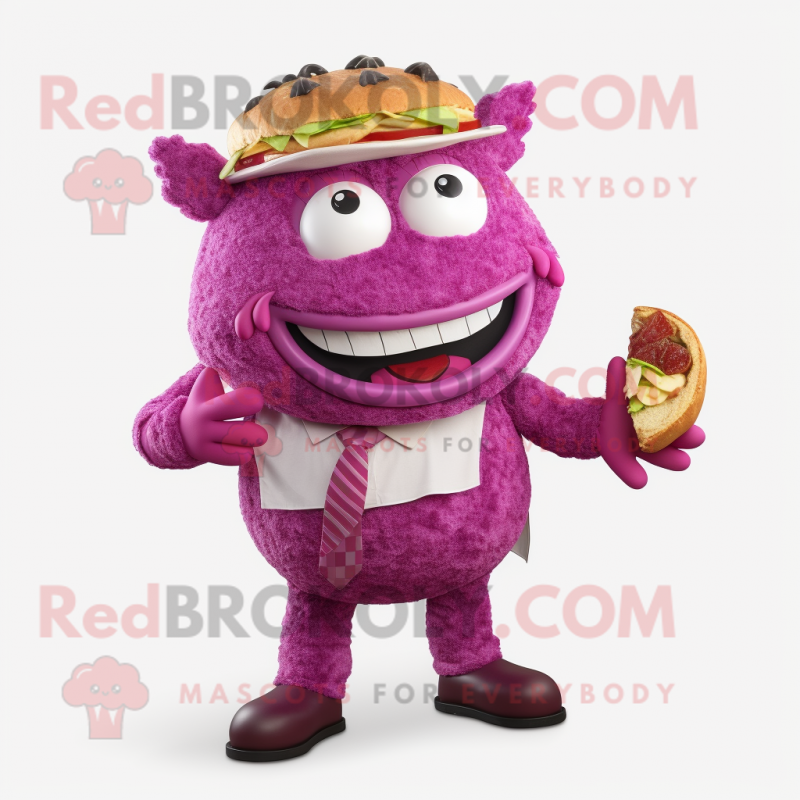 Magenta Pulled Pork Sandwich mascot costume character dressed with a Suit Pants and Wraps Magenta Pulled Pork Sandwich mascot costume character dressed with a Suit Pants and Wraps