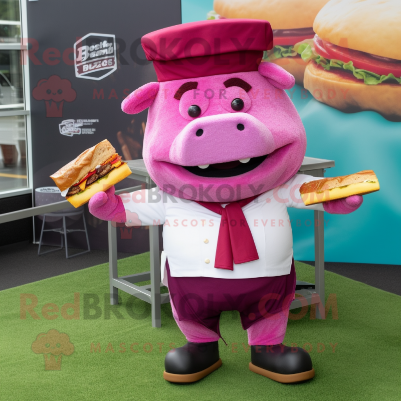 Magenta Pulled Pork Sandwich mascot costume character dressed with a Suit Pants and Wraps Magenta Pulled Pork Sandwich mascot costume character dressed with a Suit Pants and Wraps