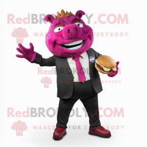 Magenta Pulled Pork Sandwich mascot costume character dressed with a Suit Pants and Wraps