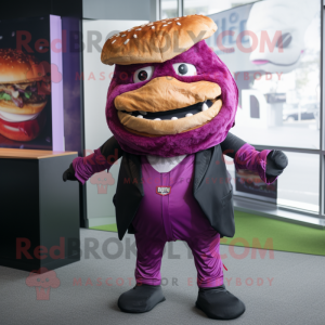 Magenta Pulled Pork Sandwich mascot costume character dressed with a Suit Pants and Wraps