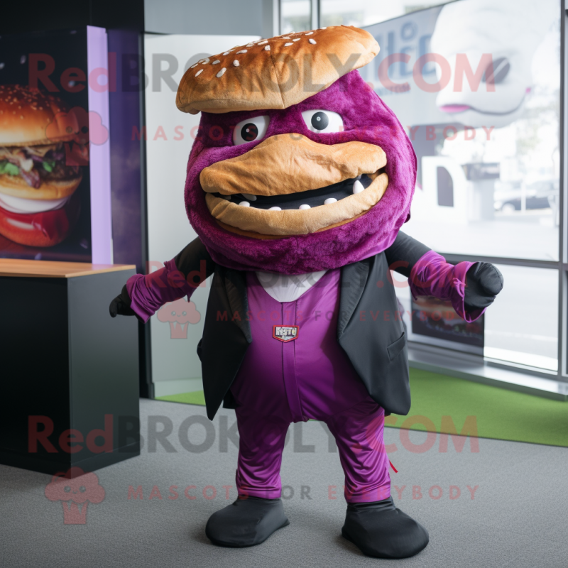 Magenta Pulled Pork Sandwich mascot costume character dressed with a Suit Pants and Wraps Magenta Pulled Pork Sandwich mascot costume character dressed with a Suit Pants and Wraps