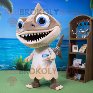 Beige Barracuda mascot costume character dressed with a Bikini and Keychains