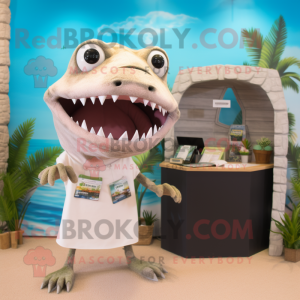 Beige Barracuda mascot costume character dressed with a Bikini and Keychains