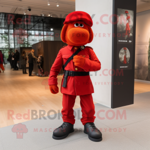 Red Commando mascot costume character dressed with a Dress Pants and Berets