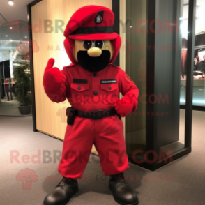 Red Commando mascot costume character dressed with a Dress Pants and Berets