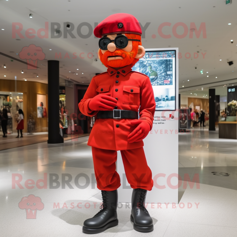 Red Commando mascot costume character dressed with a Dress Pants and Berets