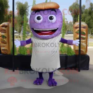 Lavender Pulled Pork Sandwich mascot costume character dressed with a Sheath Dress and Foot pads