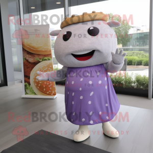 Lavender Pulled Pork Sandwich mascot costume character dressed with a Sheath Dress and Foot pads