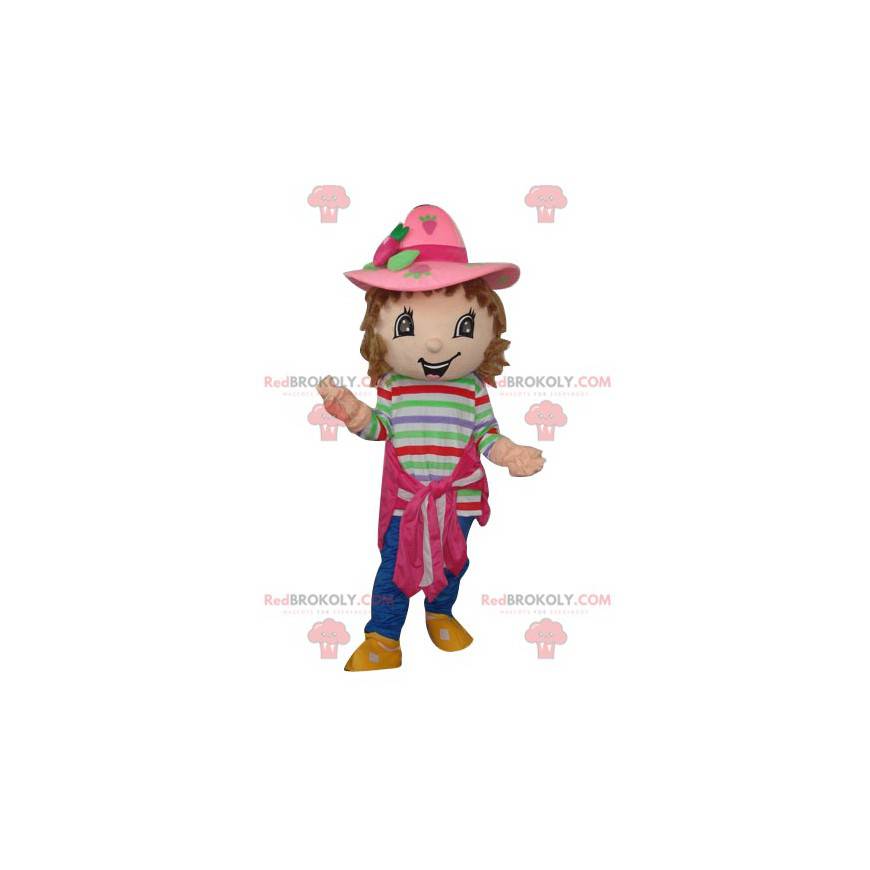 Strawberry Charlotte mascot with a pretty pink hat -