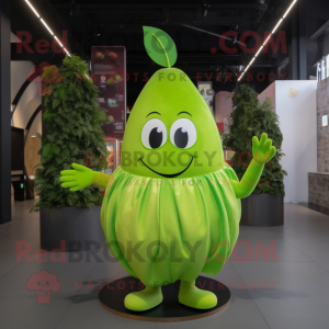 Lime Green Pear mascot costume character dressed with a Mini Dress and Keychains