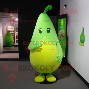 Lime Green Pear mascot costume character dressed with a Mini Dress and Keychains