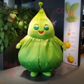 Lime Green Pear mascot costume character dressed with a Mini Dress and Keychains