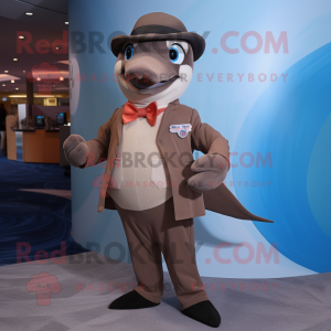 Brown Dolphin mascot costume character dressed with a Suit and Gloves