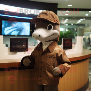 Brown Dolphin mascot costume character dressed with a Suit and Gloves