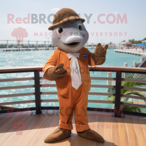 Brown Dolphin mascot costume character dressed with a Suit and Gloves