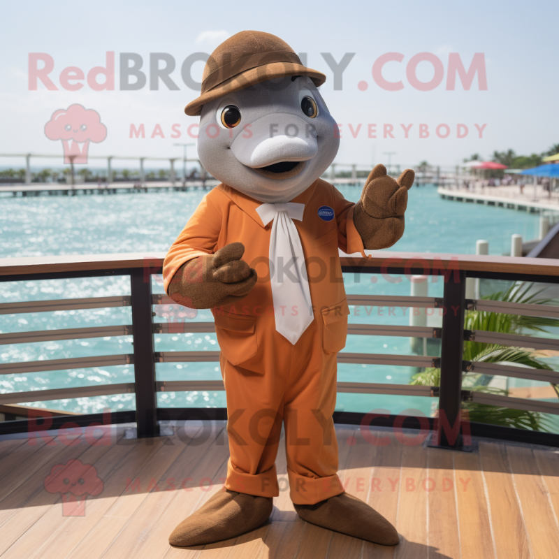 Brown Dolphin mascot costume character dressed with a Suit and Gloves Brown Dolphin mascot costume character dressed with a Suit and Gloves