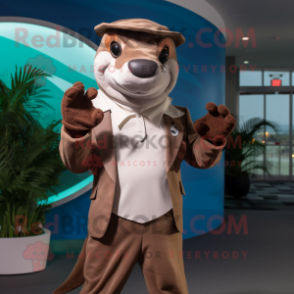 Brown Dolphin mascot costume character dressed with a Suit and Gloves